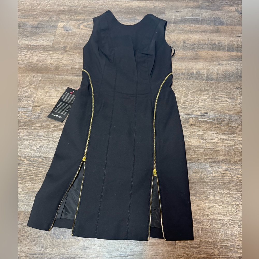 Bebe Little Black Dress Midi Sheath Dress Gold Zippers Bondage Women’s SZ 2 - Picture 5 of 15